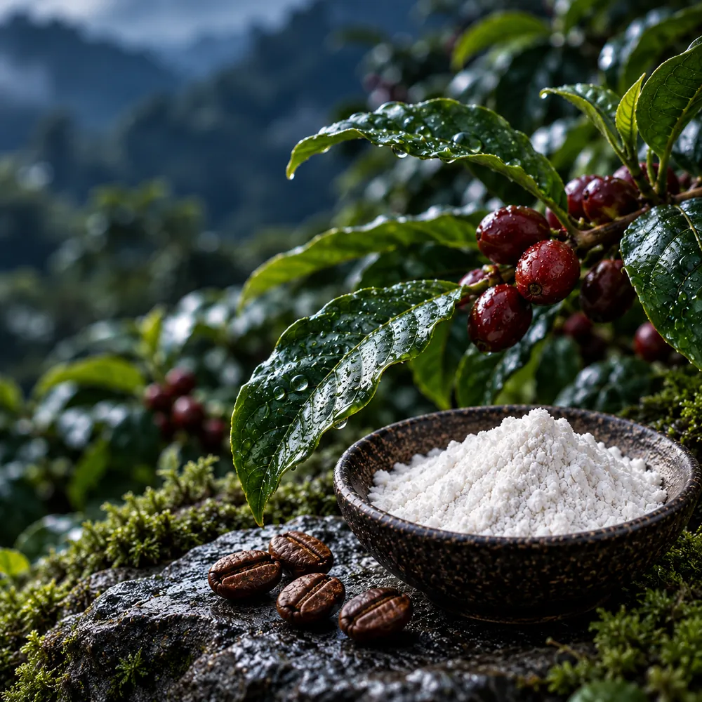 Cuenco negro con cafeína anhidra en polvo blanco, junto a una planta de café con sus frutos y unos granos de café tostado.