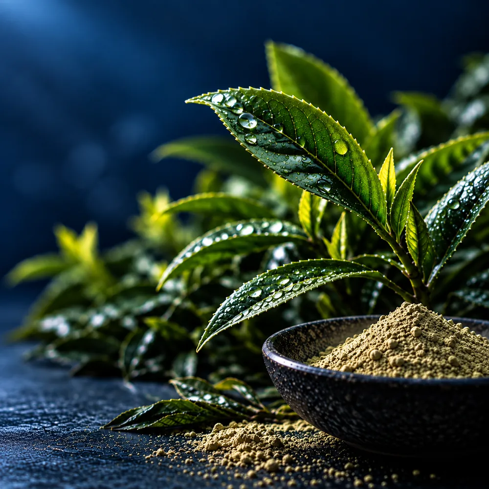 Hojas frescas de té verde junto a un cuenco negro con extracto de té verde en polvo, la fuente de la L-teanina de PEAK BRAIN, sobre piedra oscura con luz azul.