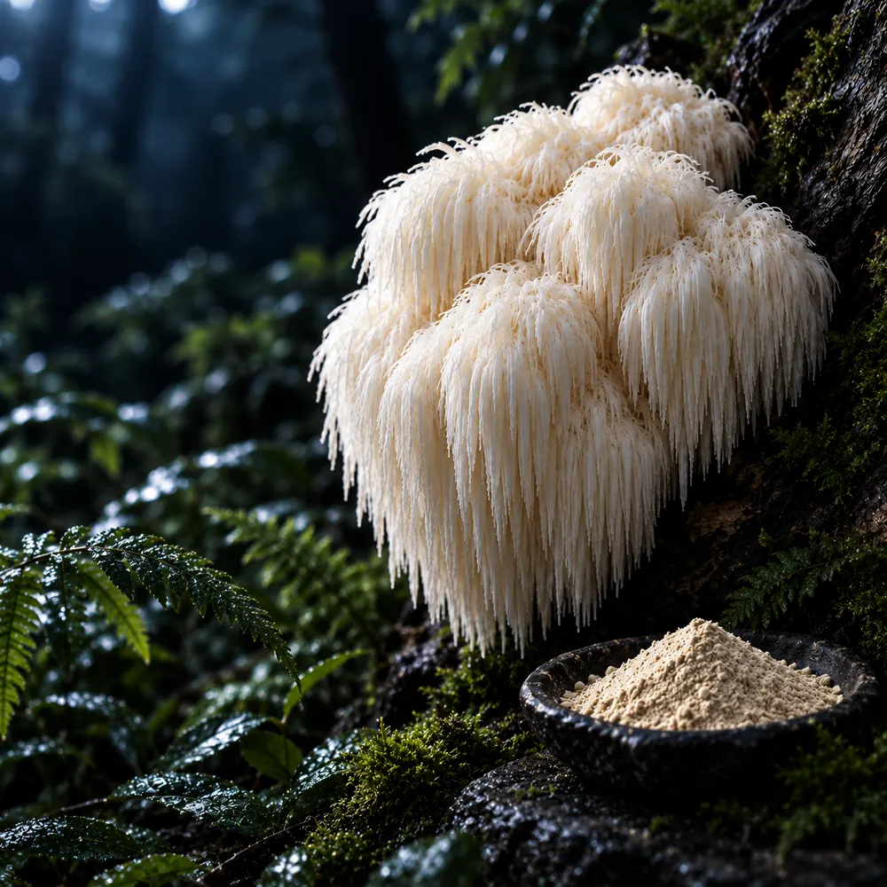 Melena de león (Hericium erinaceus) creciendo en un tronco del bosque, junto a un cuenco negro con extracto en polvo de su cuerpo fructífero, el que lleva PEAK BRAIN.