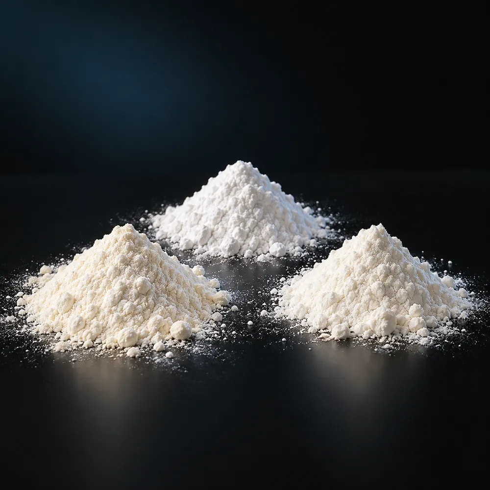 Tres montones de vitaminas en polvo sobre una superficie oscura con luz azul, por las vitaminas B5, B6 y B12 de PEAK BRAIN.